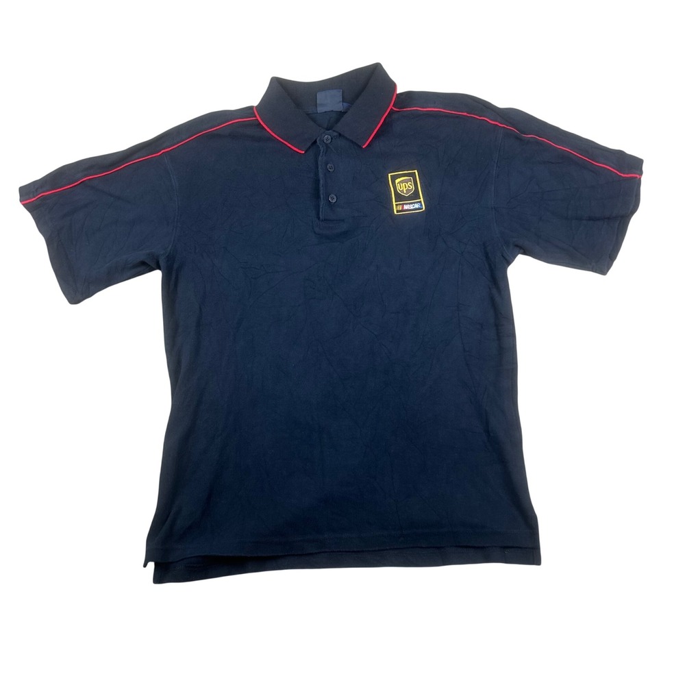 Vintage AKWA UPS NASCAR Racing Polo Shirt Mens Medium Black Red Piping USA Made